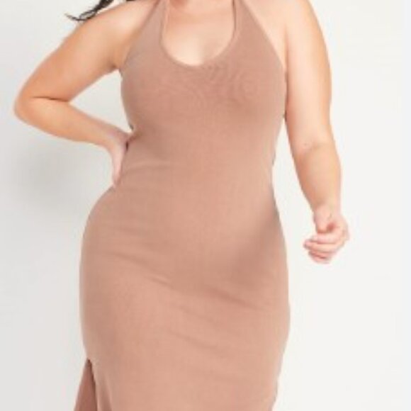 Old Navy Fitted Sleeveless Halter Rib Knit Midi Dress Warm Hickory Brown Lg Tall - Picture 12 of 12